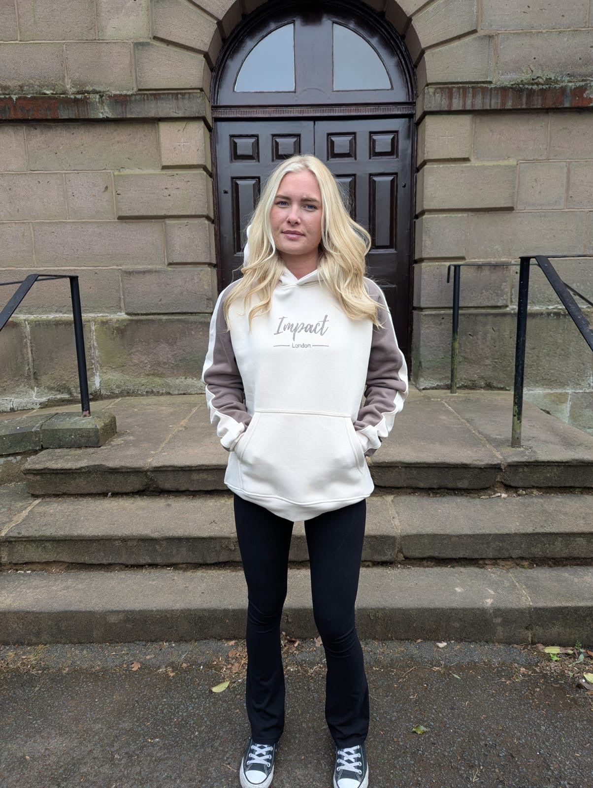 Oversized Off White Hoodie with Brown Sleeves
