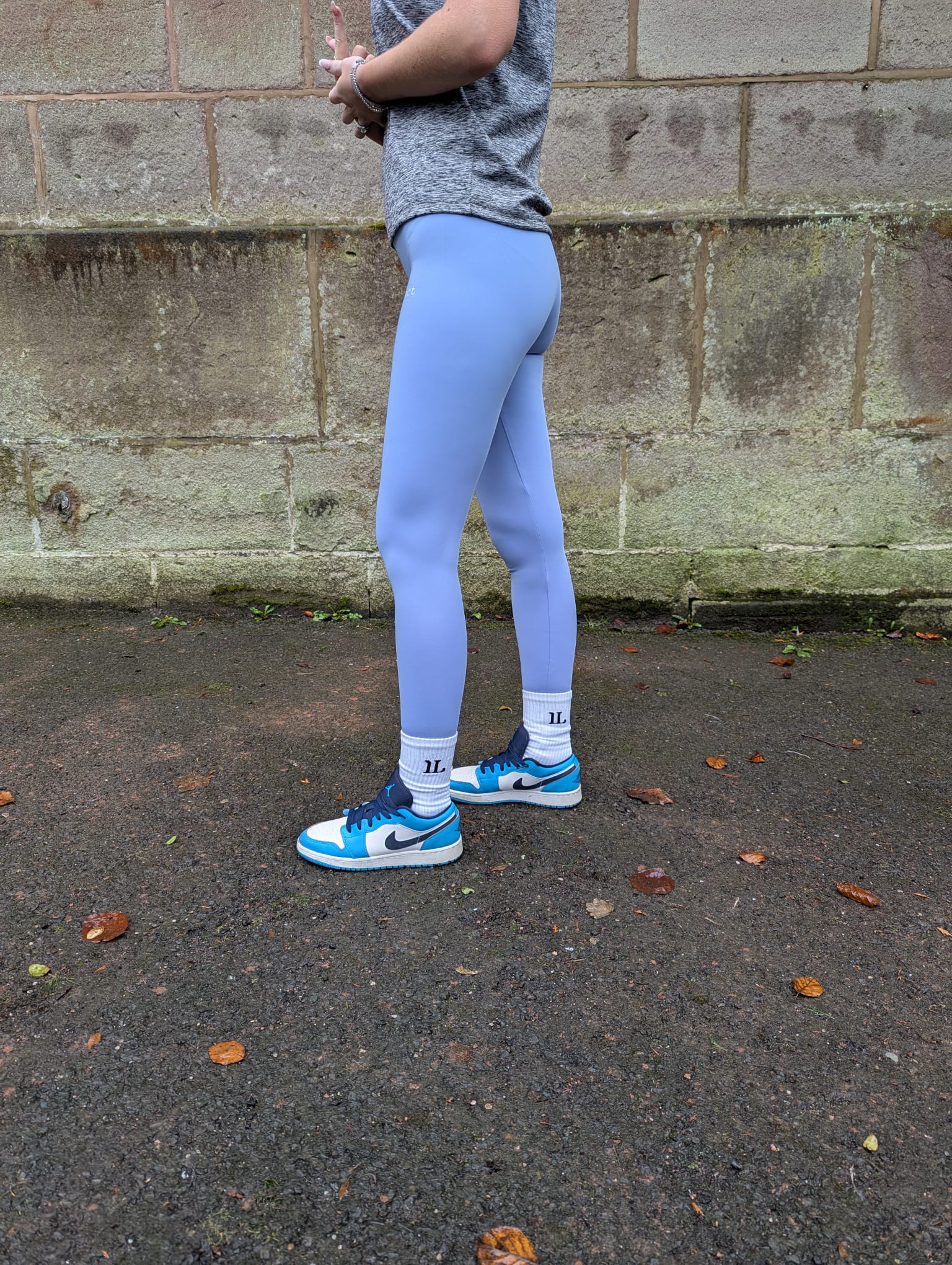 white ankle socks with sky blue leggins
