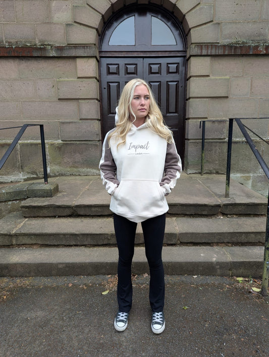 Oversized Off White Hoodie with Brown Sleeves