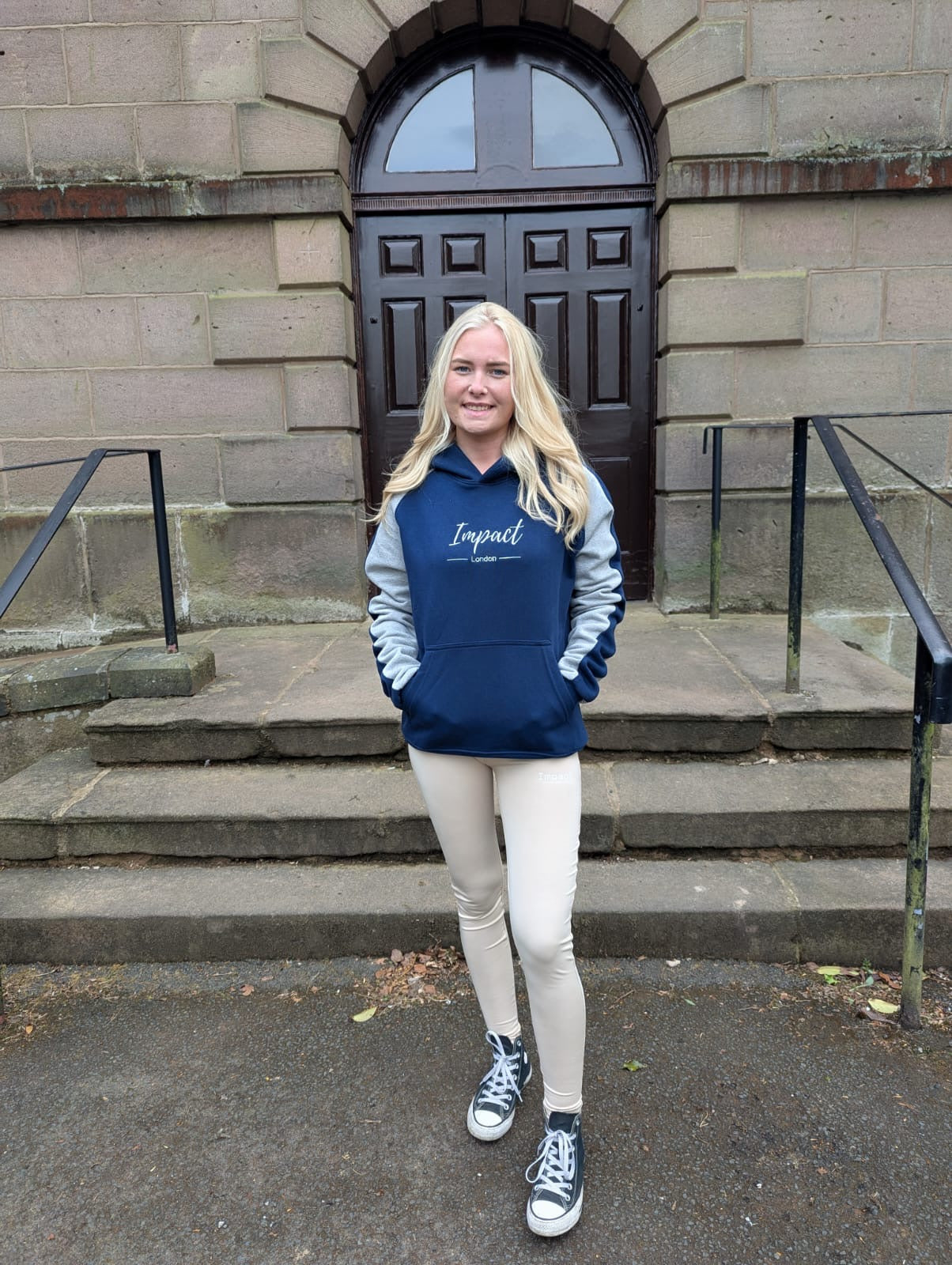 Oversized Navy Blue Hoodie with Heather Grey Sleeves & Grey Embroidered Logo