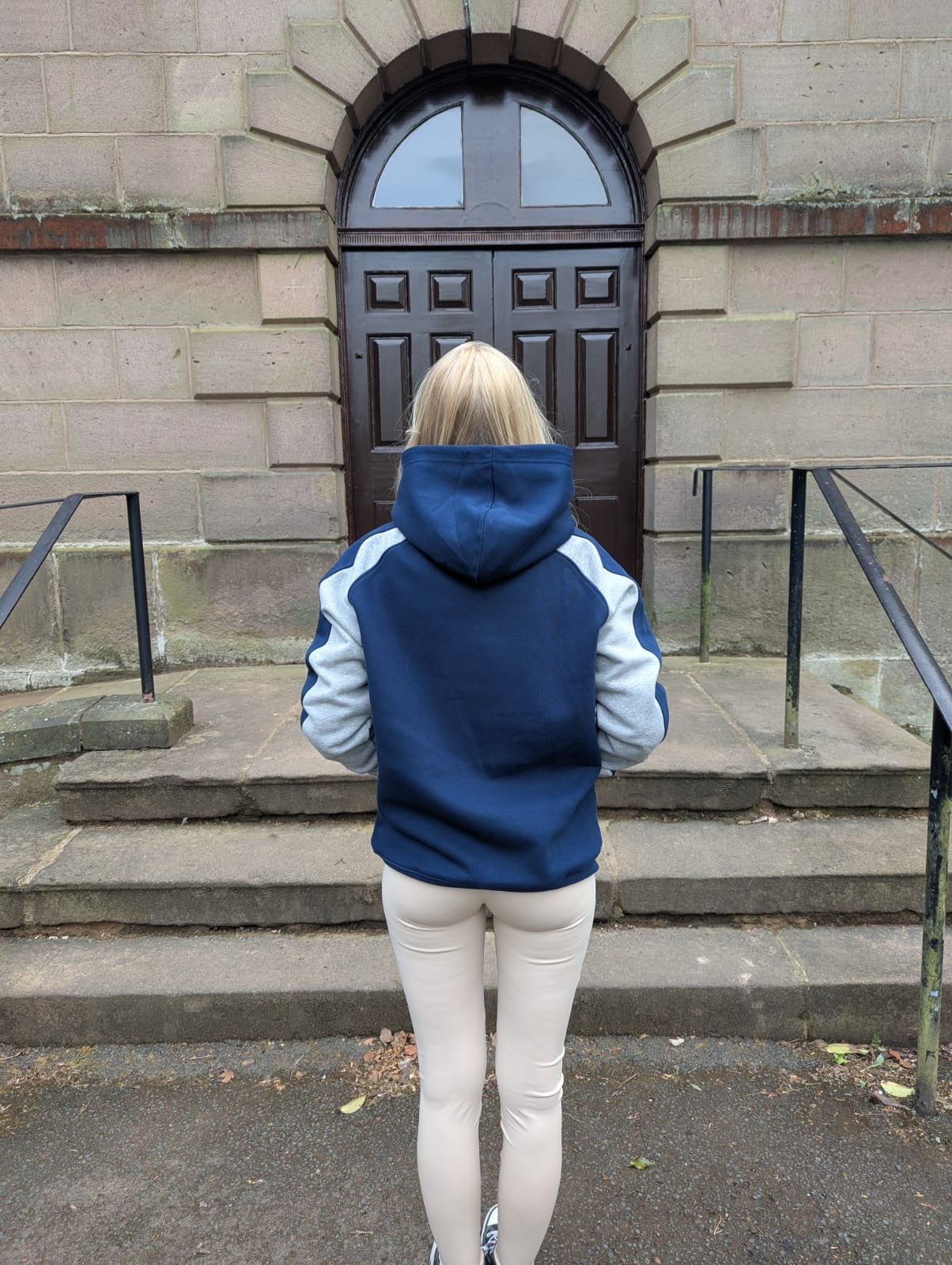 Oversized Navy Blue Hoodie with Heather Grey Sleeves & Grey Embroidered Logo