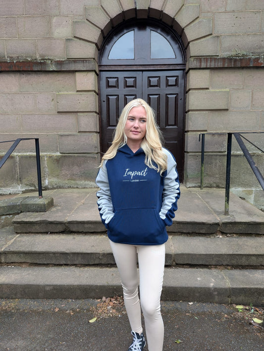 Oversized Navy Blue Hoodie with Heather Grey Sleeves & Grey Embroidered Logo