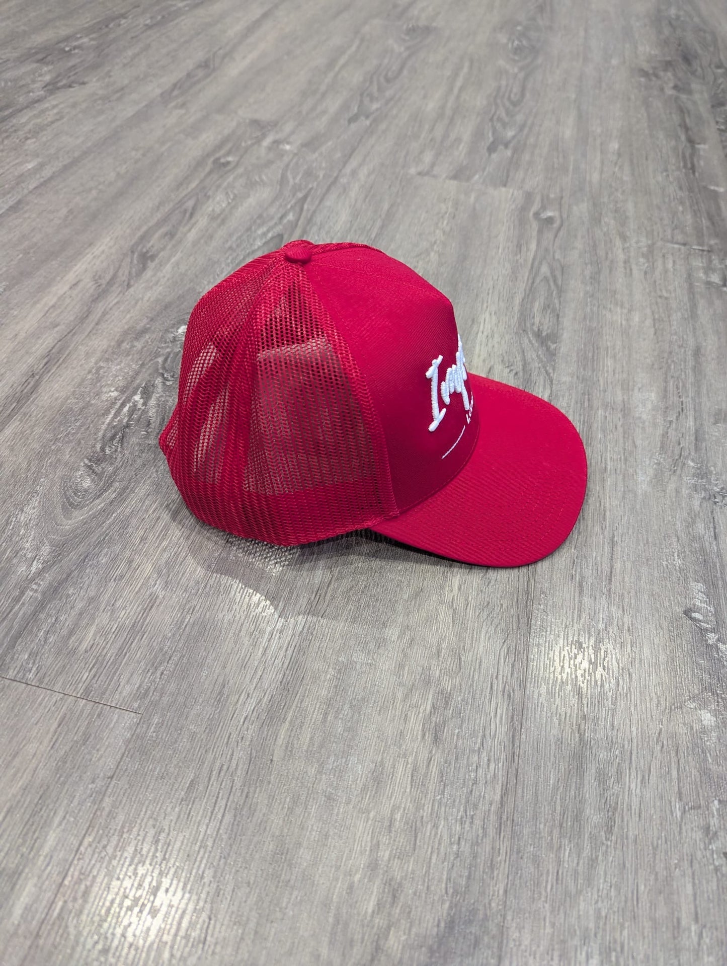 Unisex Red Trucker Cap – White 3D Embroidered Logo