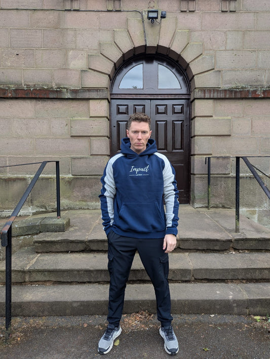 Oversized Navy Blue Hoodie with Heather Grey Sleeves & Grey Embroidered Logo