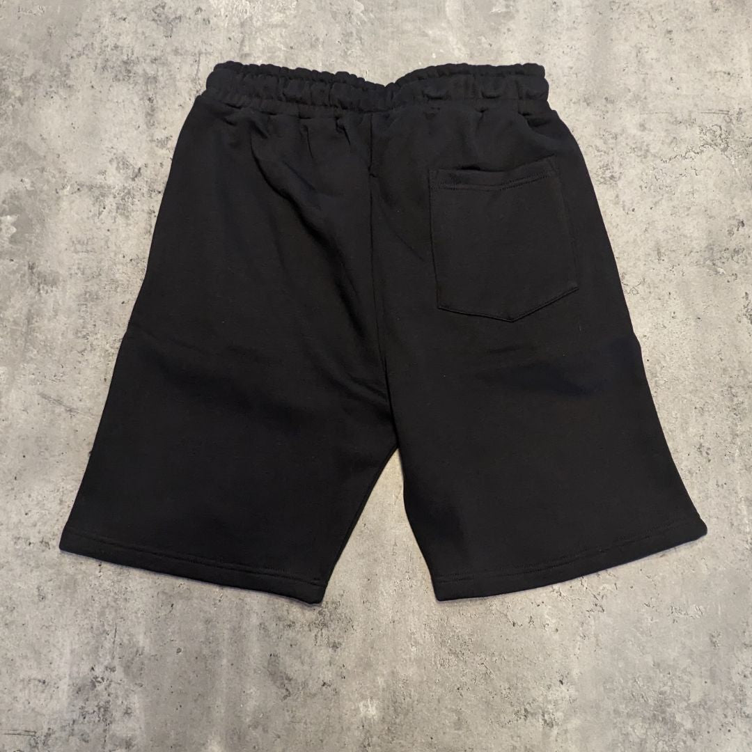 mens black jogger shorts with white logo and pocket to the rear