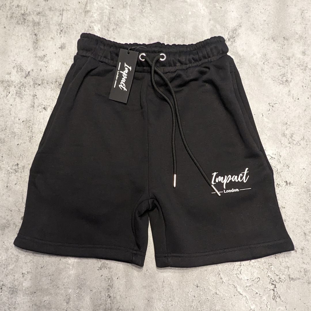 The front of our women's black jogger shorts with a small white stitched logo to the left side